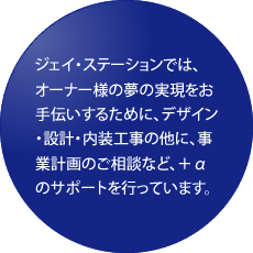 ジェイ・ステーションでは、オーナー様の夢の実現をお手伝いするために、デザイン・設計・内装工事の他に、事業計画のご相談など、＋αのサポートを行っています。